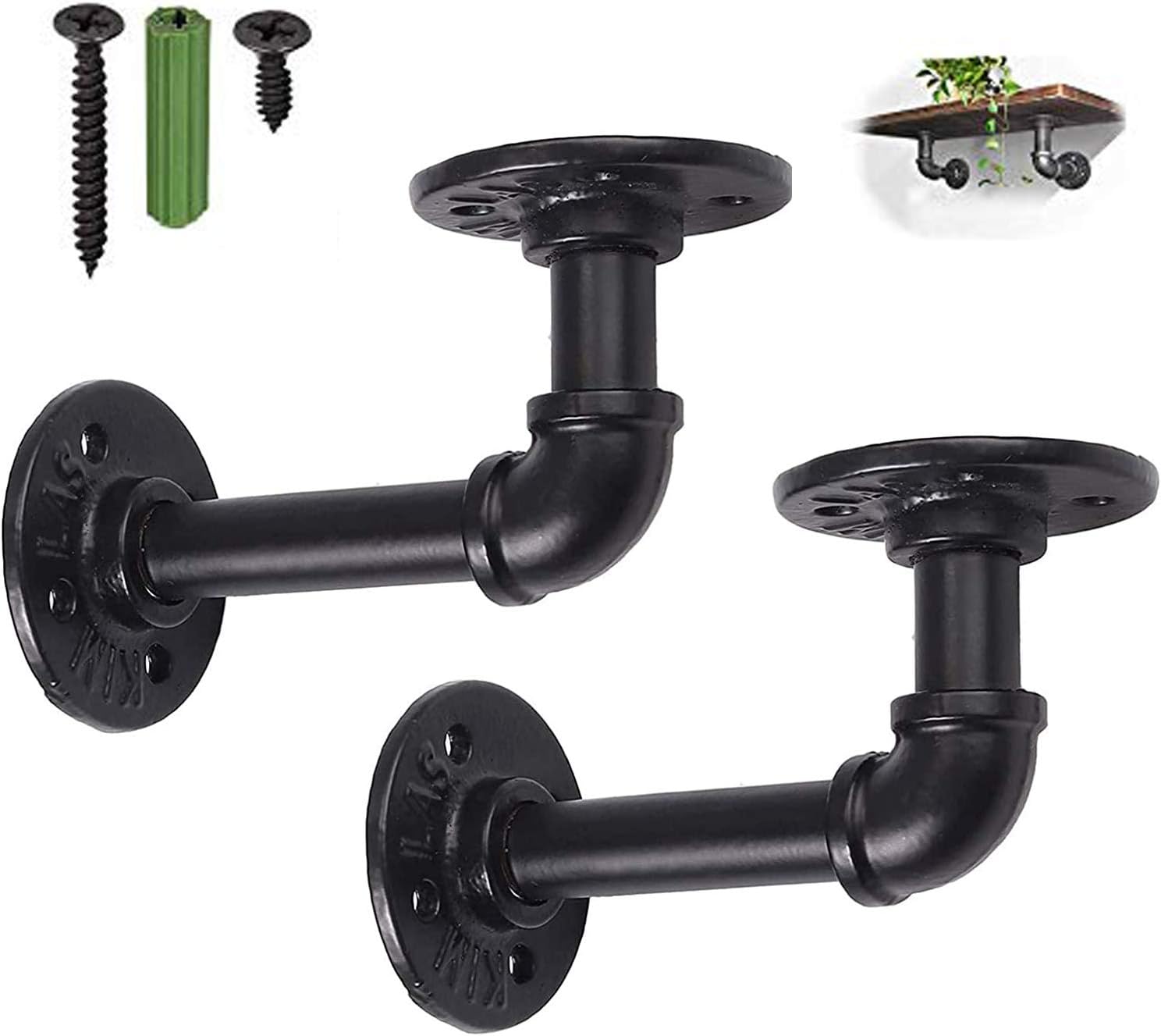 eSynic 2Pcs Pipe Brackets Black Industrial Pipe Shelf Bracket for Shelves Tube Rack Iron 1/2 inch Pipe Floating Shelves for Scaffold Board (15*8cm) with a Spirit Level