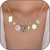 TACBSP Gold Charm Necklace for Women Gold Cross Heart Necklace Dainty Rhinestone Heart Star Paperclip Chain Necklace Boho Jewelry Gifts