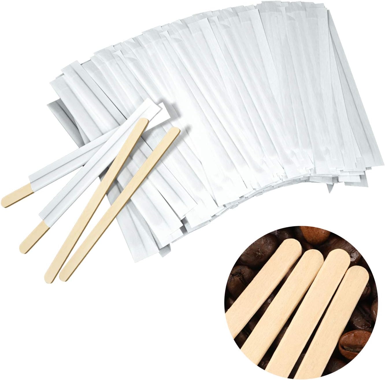 Amkoskr 100Pcs 140mm Disposable Wood Coffee Stir Sticks Stirrers Individually Paper Wrapped Coffee Tea Beverage Stirrers