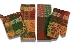 Serafina Home Fall Harvest Thanksgiving Kitchen Towels and Pot Holder Set: Colorful Shades of Autumn Jacquard Leaves Pumpkin (Kitchen Set)