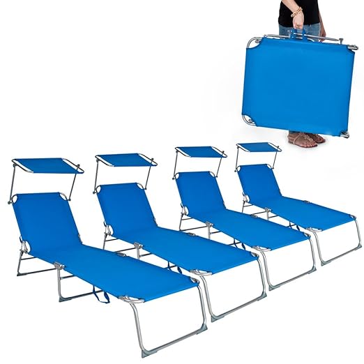 title=TecTake 4x Sedia a sdraio per prendere il sole con l'ombrello parasole 190cm blu