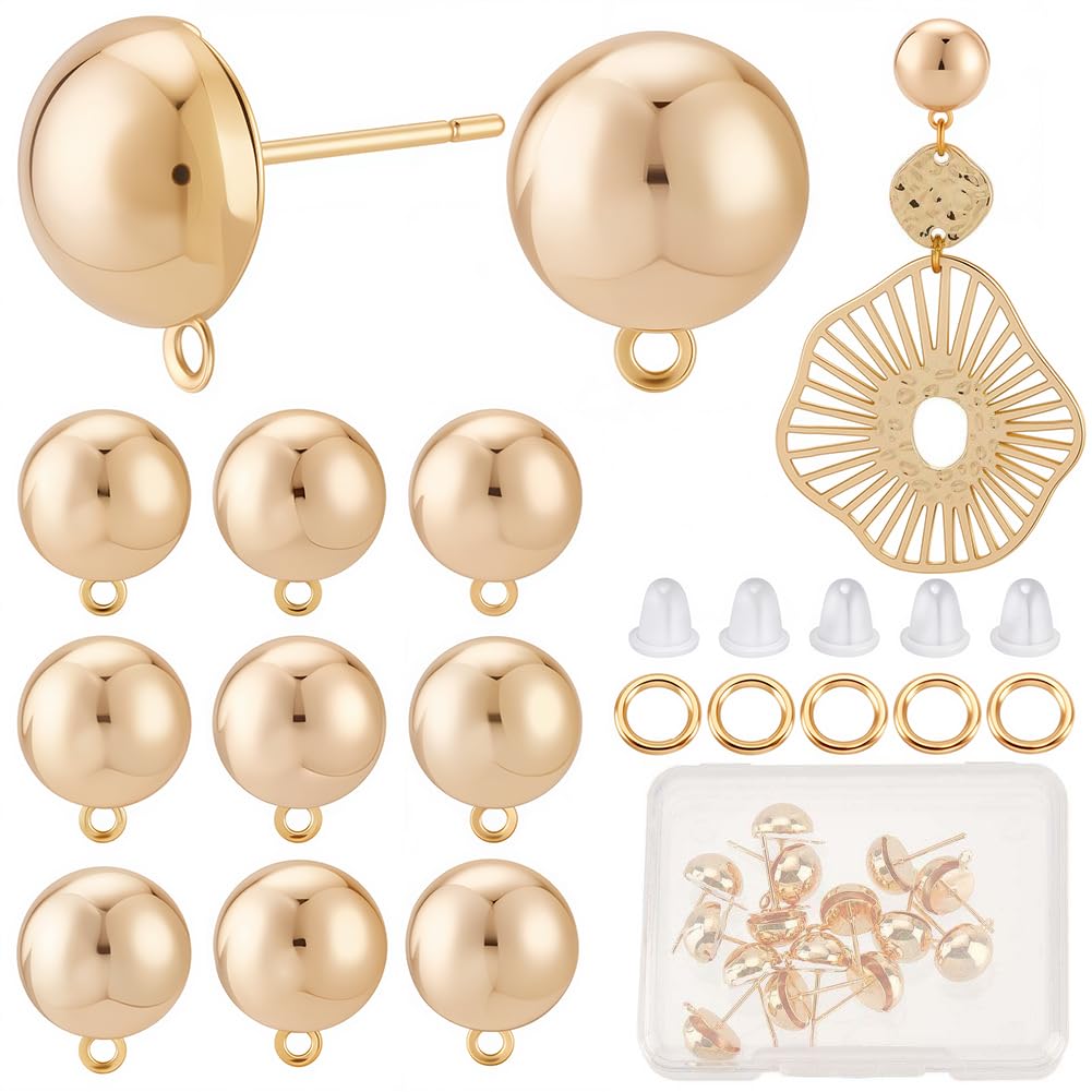 CREATCABIN 1 Box 40Pcs 18K Gold Plated Brass Earring Studs with Loop Ball Post Earring Findings Round Ear Studs Balls Metal Stud with Horizontal Loops Ear Nuts for DIY Jewelry Making, 0.5x0.4 Inch
