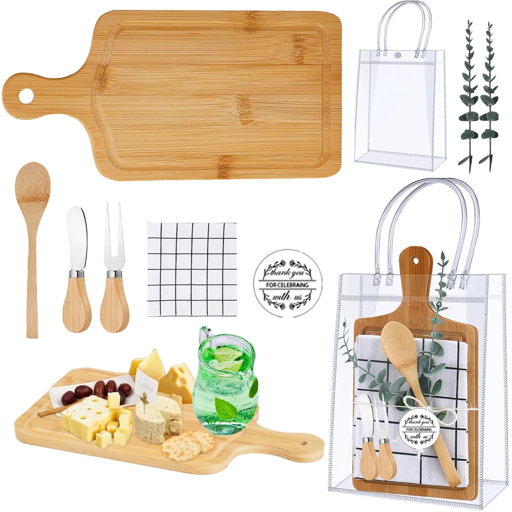 Photo 1 of 1 Set 9 Pcs Baby Shower Prizes for Game Winners Baby Shower Favors for Guests Gift Bamboo Cheese Board Set with Gift Bags Spoon Knives Forks Plaid Towel Thank You Tags for Party Wedding Bridal Favor