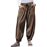 TARSE Womens Baggy Wide Leg Pants Corduroy Casual Drawstring Waist Palazzo Harem Pants with Pockets