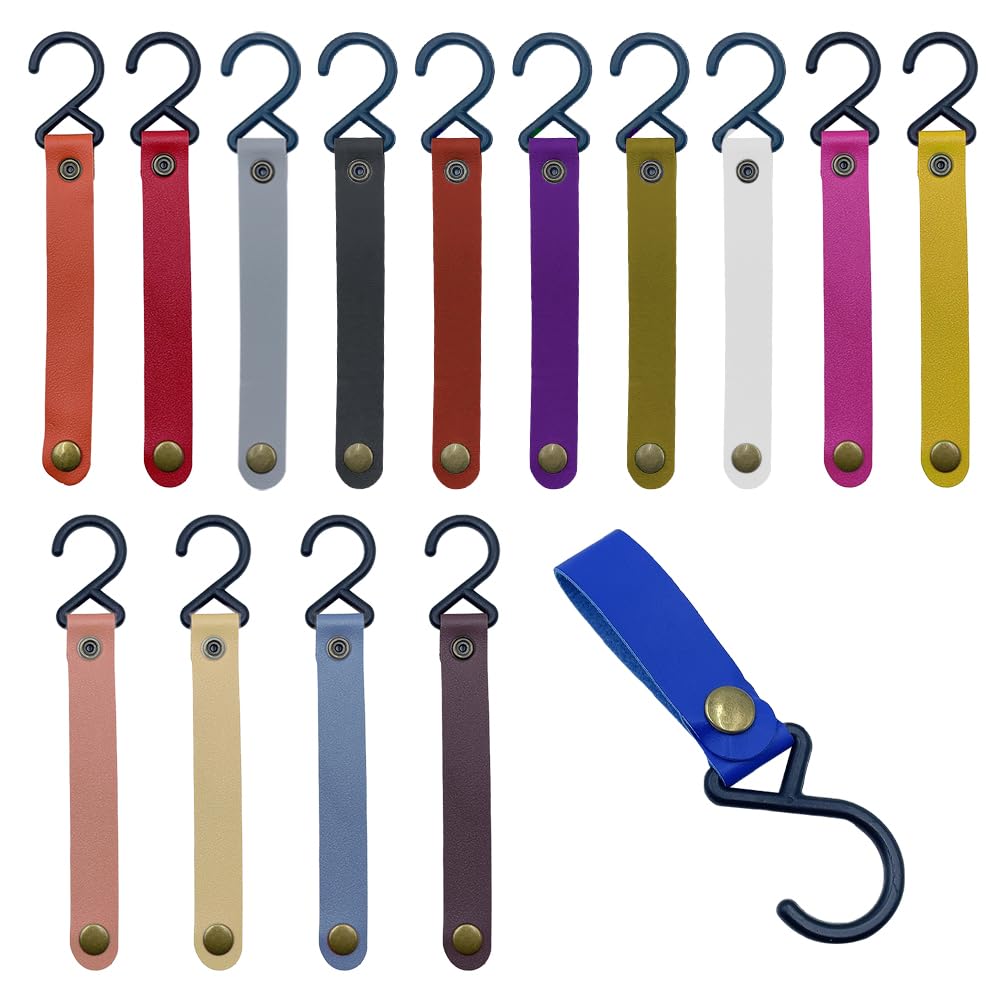 ONEBO 15 Pcs S Hooks, PU Leather S-Hooks,Multifunctional S-Hook,Camping Hook,Leather Style Handlebar Clips,Tent Canopy Cloth Clip,for Kitchen Bathroom Bedroom Office(15 Colours)
