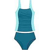 Doumlop Girls Swimsuit 2 Piece Twist Cross Girls Tankini Swimsuit Color Block Ruched Bathing Suit Printed Swimwear for 9-16Y
