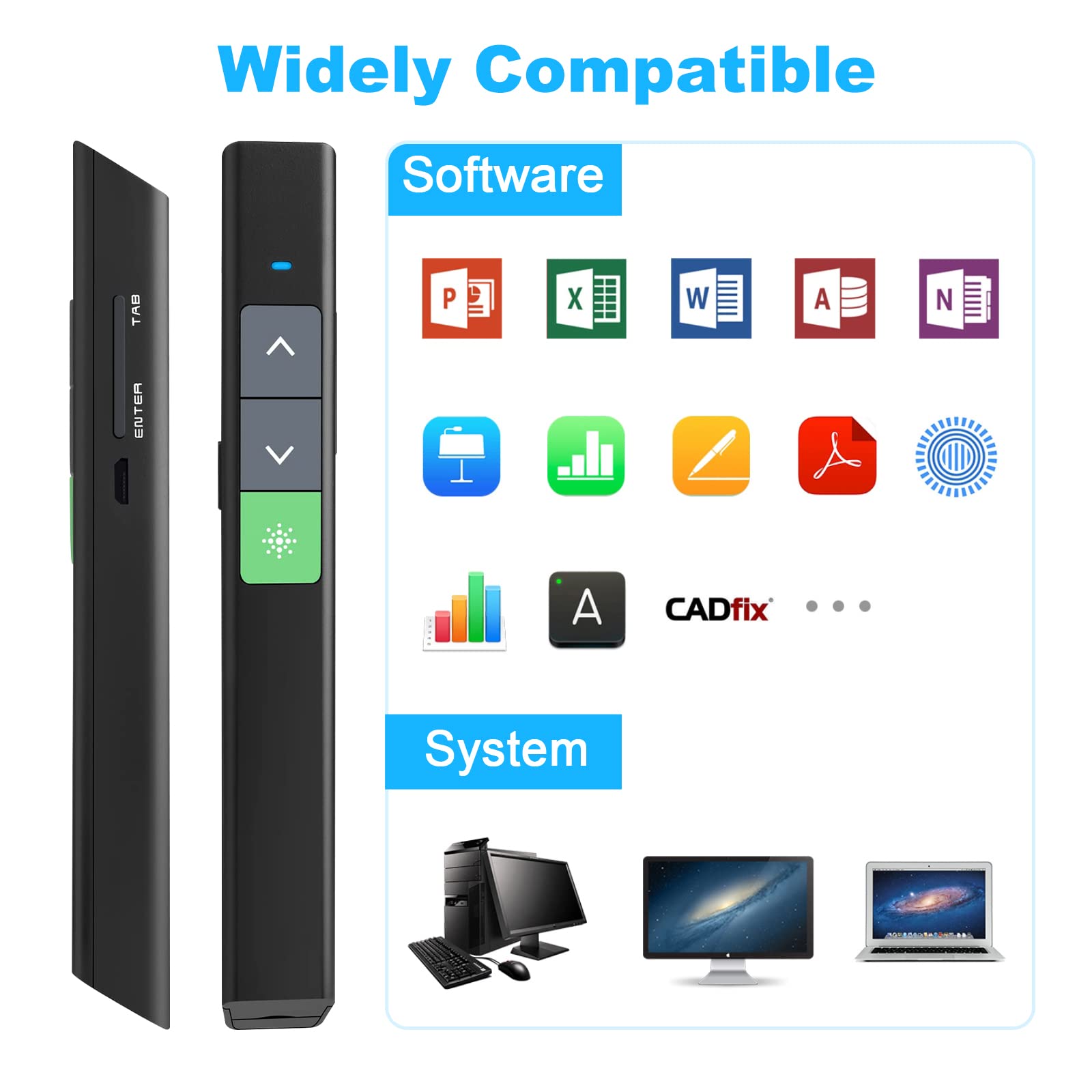 SSPONT Rechargeable Presentation Clicker for Powerpoint, Wireless Presentation Remote Green Laser Pointer for Presenter, Slide Advancer Keynote/PPT/Classroom/MacBook/Mac/Laptop/Windows/Linux (JH37G)