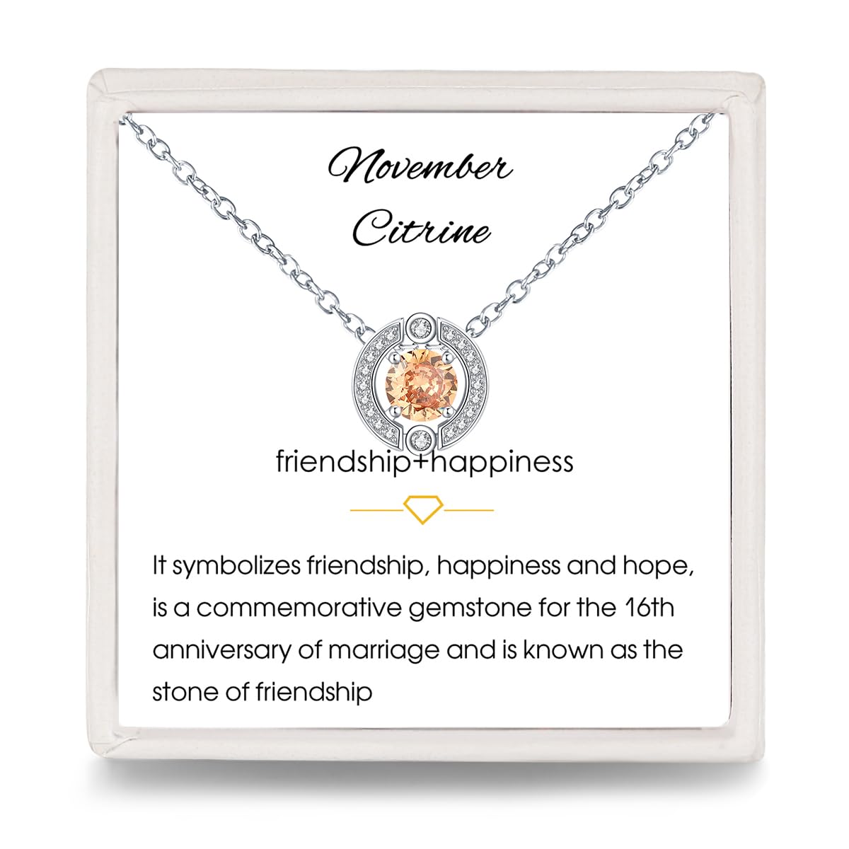 November Citrine Birthstone Necklace Women: 925 Sterling Silver Dainty Simple Round Solitaire Pendant Halo Necklaces Yellow Gem Crystals Jewelry with Cubic Zirconia Birthday Gifts for Teen Girls Mom