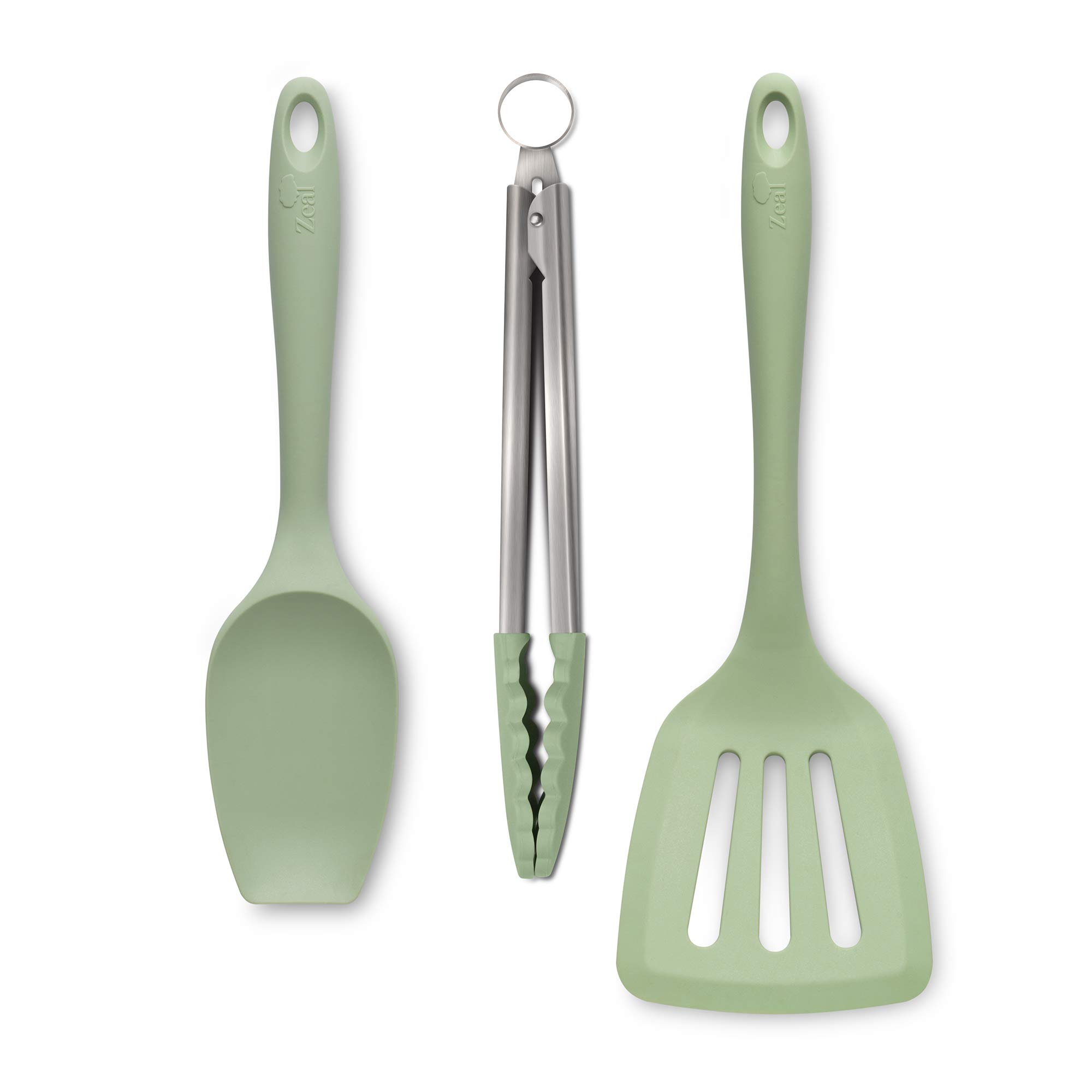 Zeal JSET27G Non-Stick Silicone Spatula Spoon, Cooking Tongs & Turner 3-Piece Set-Sage Green — image 1