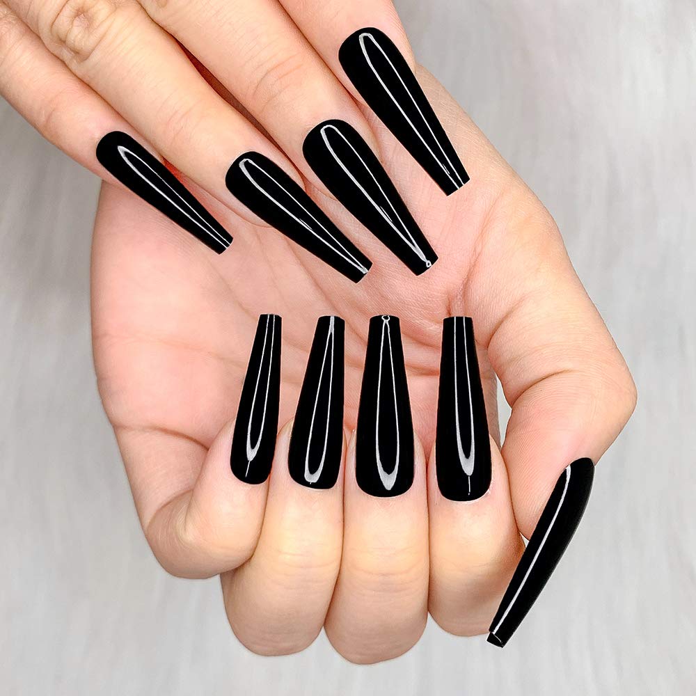Artquee 24pcs Black Pure Color Ballerina Long Coffin Glossy Fake Nails Press on Nail False Tips Manicure for Women - Image 3