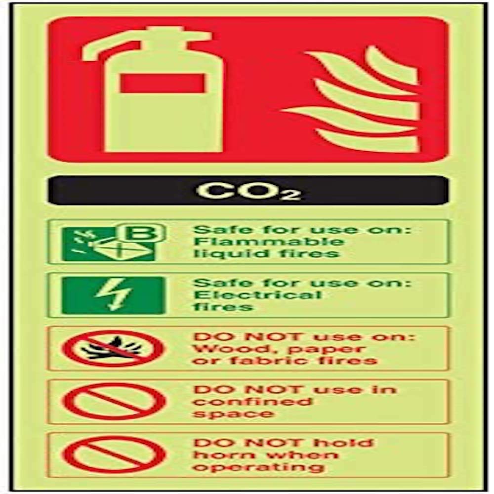 V Safety 11004AJ-G Glow In The Dark Co2 Id Fire Extinguisher Sign - 100mm x 280mm - Rigid Plastic, Black/Green/Red — image 1