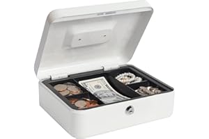 Cash Box with Money Tray and Lock, Lovndi Metal money Box for Cash, Lockbox 9.84 x 7.87 x 3.54 Inches, White