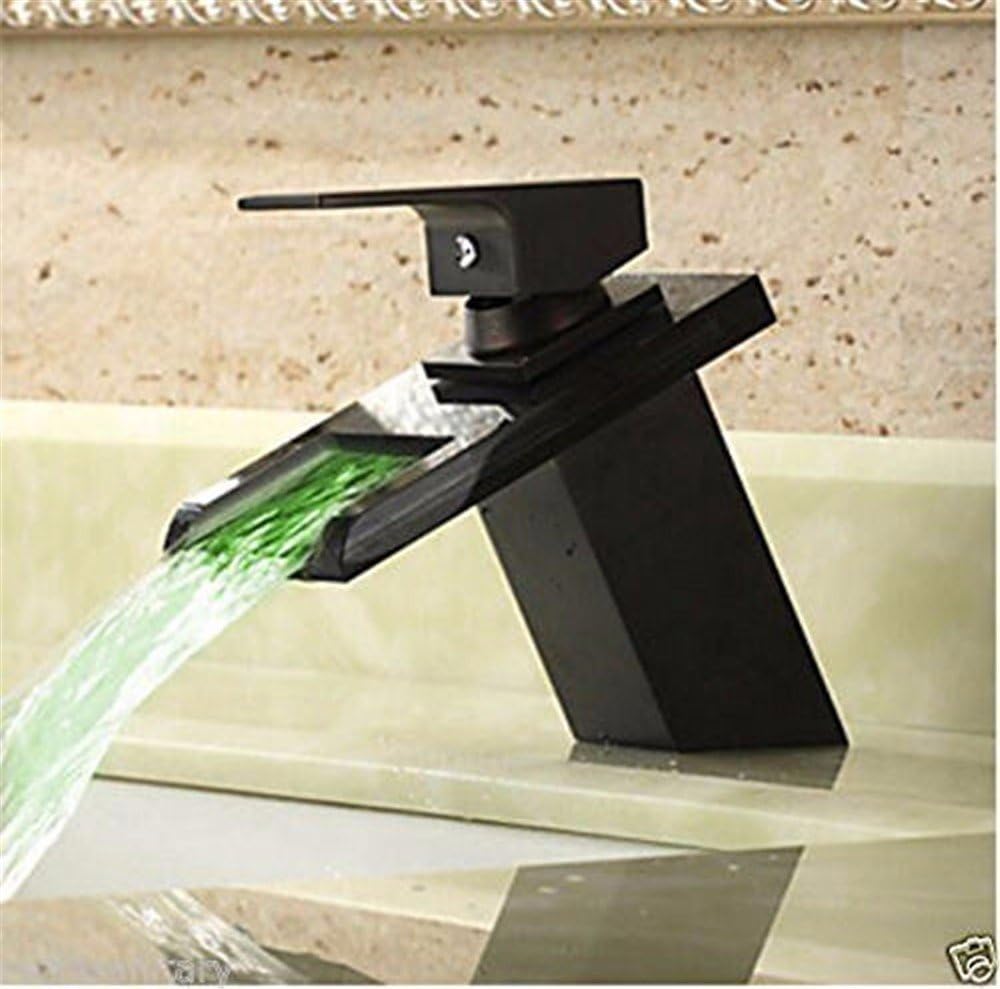 Bathroom Sink Taps Led Taps Wash Basin Wash Basin Led Copper Black Waterfall Single Hole Basin Basin Of Cold Hot Water Temperature Control Three