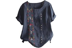 KICILVS Womens Summer Tops Casual Cotton Linen T-Shirts Short Sleeve Round Neck Shirt Oversized Floral Graphic Tees