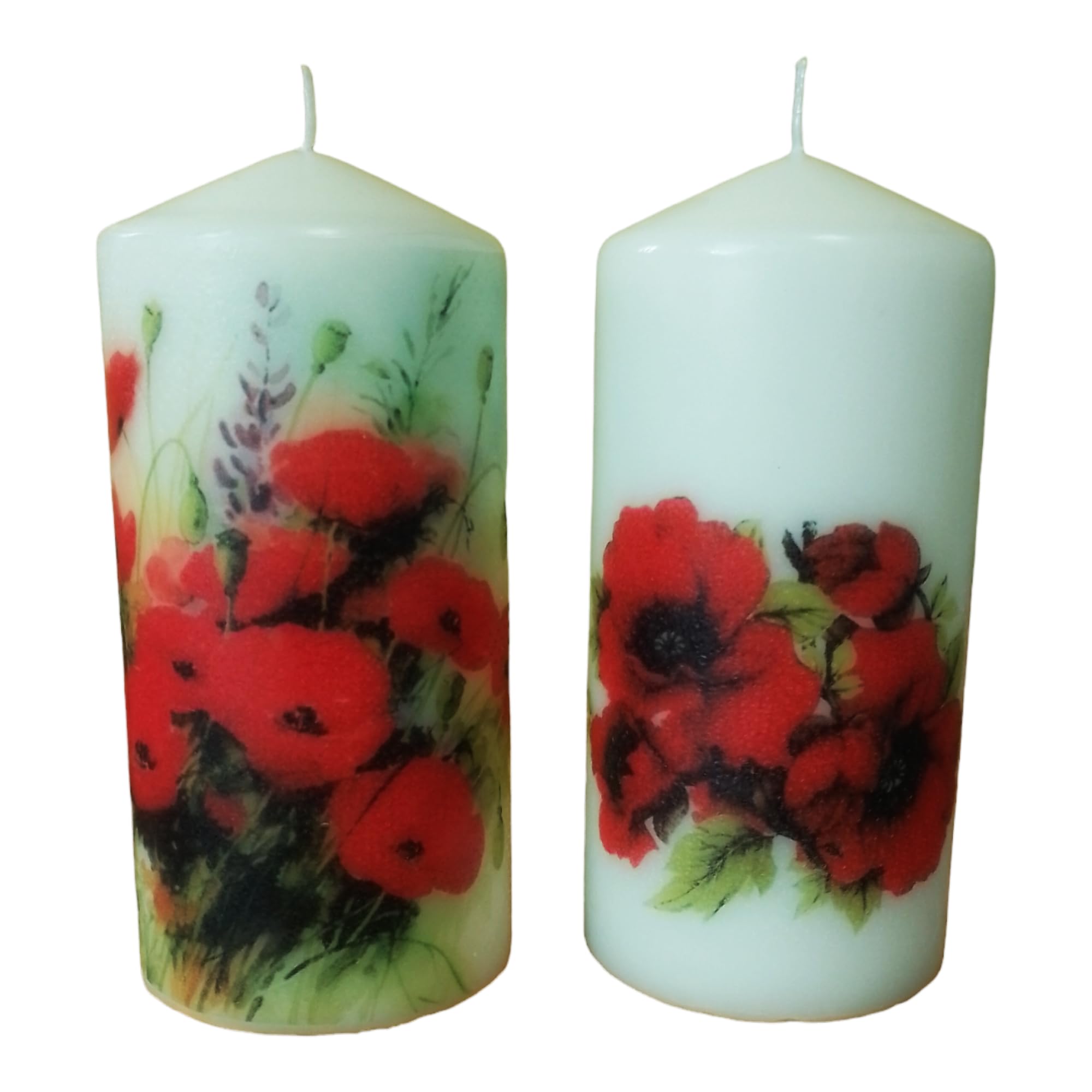 Pillar unscented Wax Candle Set of Two Poppy Flower Decoration Hand Decorated Relax Meditation Home Decor