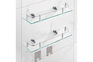 VASUHOME 2 Tier Bathroom Glass Shelves, Tempered Glass Bathroom Wall Organizer with Silver Guardrail, and 2 Metal Hooks - Wall Mounted Rectangular Shelves for Storage and Display
