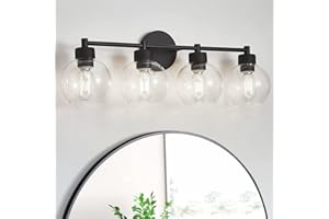 diniluse Bathroom Light Fixtures 4 Lights Vanity Light with Black Round Finish, Bathroom Vanity Lights with Clear Globe Glass, Matted Black Wall Sconce for Mirror, Bedroom, Living Room, Kitchen