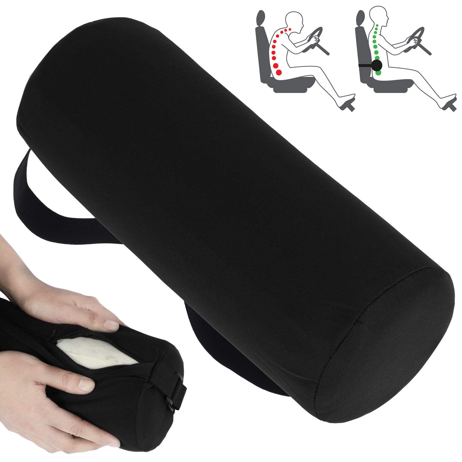 Gatphy Lumbar Roll Pillow Memory Foam Roll Pillow Adjustable Cylindrical Backrest Sofa Cushion with Removable Washable Cover Elastic Strap 11 Inch Lumbar Support Cushion for Office Chair Car Couch