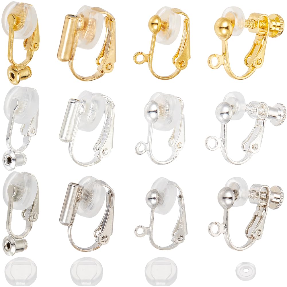 SOFPLATE 1 Box 24Pcs 12 Style Gold Earring Converter Silver Clip on Earrings Converter Brass Non Pierced Real 18k Gold Plated with Pad Screw Back Clip Earring Findings for jewellery Making Supplies DI