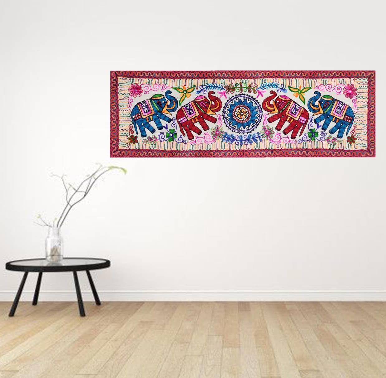 Purpledip Cotton Tapestry 'Elephant Pride': Vintage Embroidery Table Runner or Wall Hanging (11486)