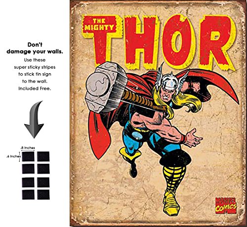 Thor Retro Marvel Comics Retro Vintage Decor Tin Sign 12.5 in Wx16 in H - With Sticky Stripes . No Damage to Walls