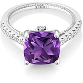 Gem Stone King 3.27 Cttw Cushion Purple Amethyst and White Created Sapphire Engagement Ring For Women | 925 Sterling Silver | Wedding Engagement Anniversary Promise Ring For Women