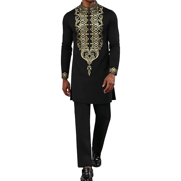 Costume Traditionnel Africain Dashiki Homme – Ensemble 2 Pièces Brodé Veste + Pantalon Coupe Étroite