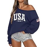 Lacozy USA Sweatshirt for Women Oversized Off the Shoulder Sweater Fleece Lined Long Sleeve Hoodie 4th of July Outfits