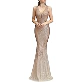 MTVOPN Women's Double V-Neck Sequins Sleeveless Mermaid Evening Dress