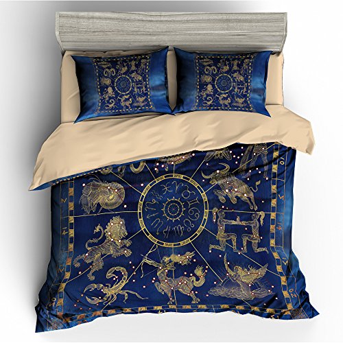 BOMCOM 3D Digital Printing Hand Drawn Line Art Golden Zodiac Symbols Sky Constellations Blue Textured Background 3-Piece Duvet Cover Sets 100% Microfiber (full, Golden Zodiac)