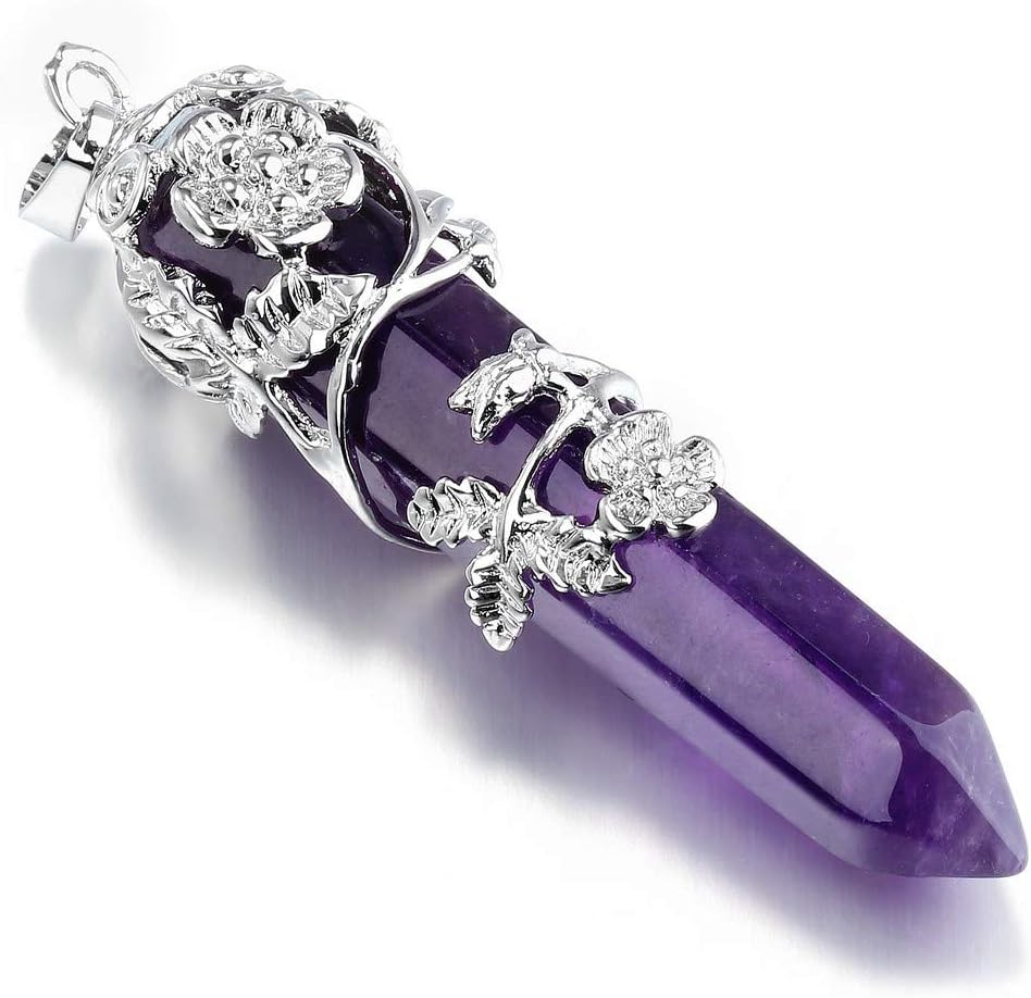 Jovivi Amethyst Crystal Point Pendant Necklace for Women Silver Flower Wrapped Purple Hexagonal Stone Chakra Necklace Gemstone Jewellery Gifts - Image 4