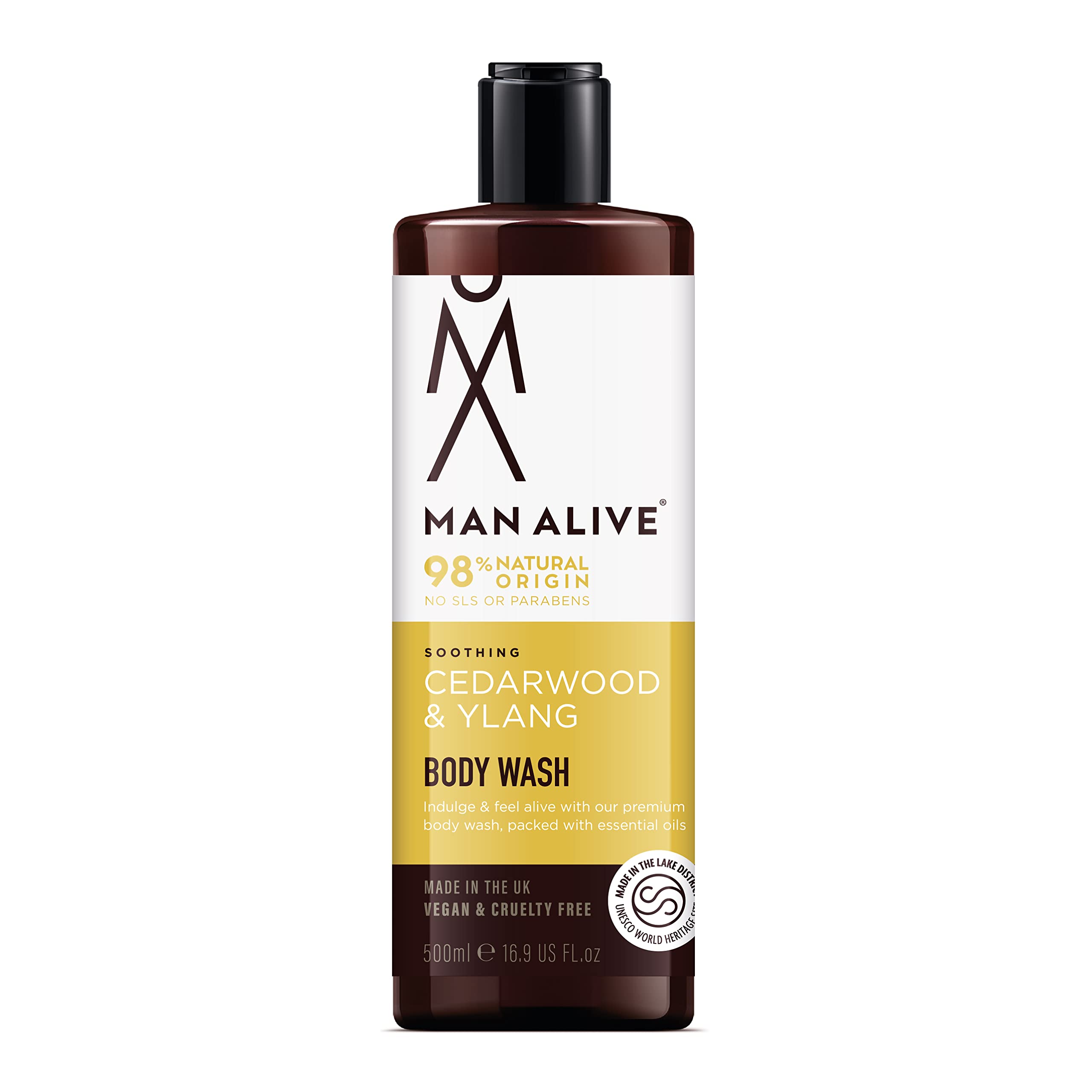 MAN ALIVE Shower Gel for men, 500ml mens body wash & face wash contains a masculine scent, Vegan, SLS Free & sulfate free formula. ideal mens grooming gifts for men (Cedarwood & Ylang, Single)