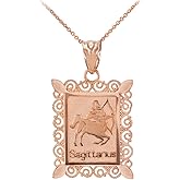 Fine 14k Rose Gold Filigree-Style Rectangular Frame Sagittarius Zodiac Sign Pendant Necklace