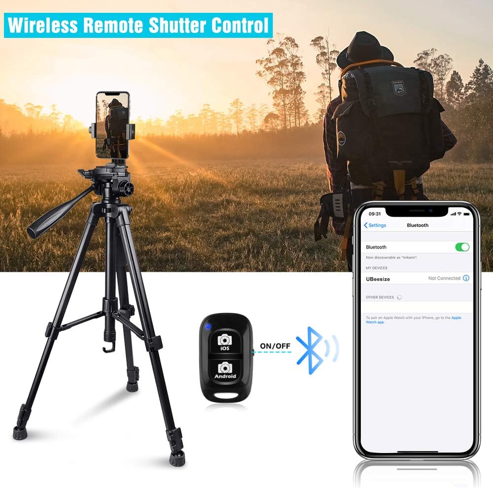 Torjim 60” Camera Tripod with Carry Bag, Lightweight Travel Aluminum Professional Tripod Stand (5kg/11lb Load) with Bluetooth Remote for DSLR SLR Cameras Compatible with iPhone & Android Phone-Black : Camera & Photo