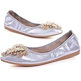 Hee grand Women Foldable Ballet Flats Bling Rhinestones Soft Leather Pointy Toe Flats Sparkle Wedding Dress Shoes Comfort Slip on Loafers Big Size