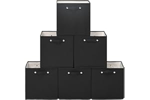 FINISHINGBO 13 x 13 Inch Fine Linen Storage Bins with Handles，Fabric Cube Boxs，Collapsible Basket Organizers for Shelves for Home, Closet Drawers (Black-6 Pack)