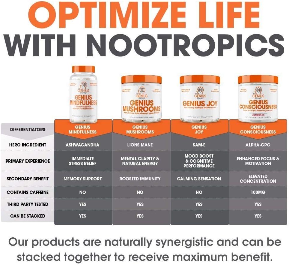 Genius Joy - Serotonin Mood Booster for Anxiety Relief, Wellness & Brain Support, Nootropic Dopamine Stack w/Sam-e, Panax Ginseng & L-Theanine – Natural Anti Stress & Herbal Calm, 100 veggie pills: Health & Personal Care