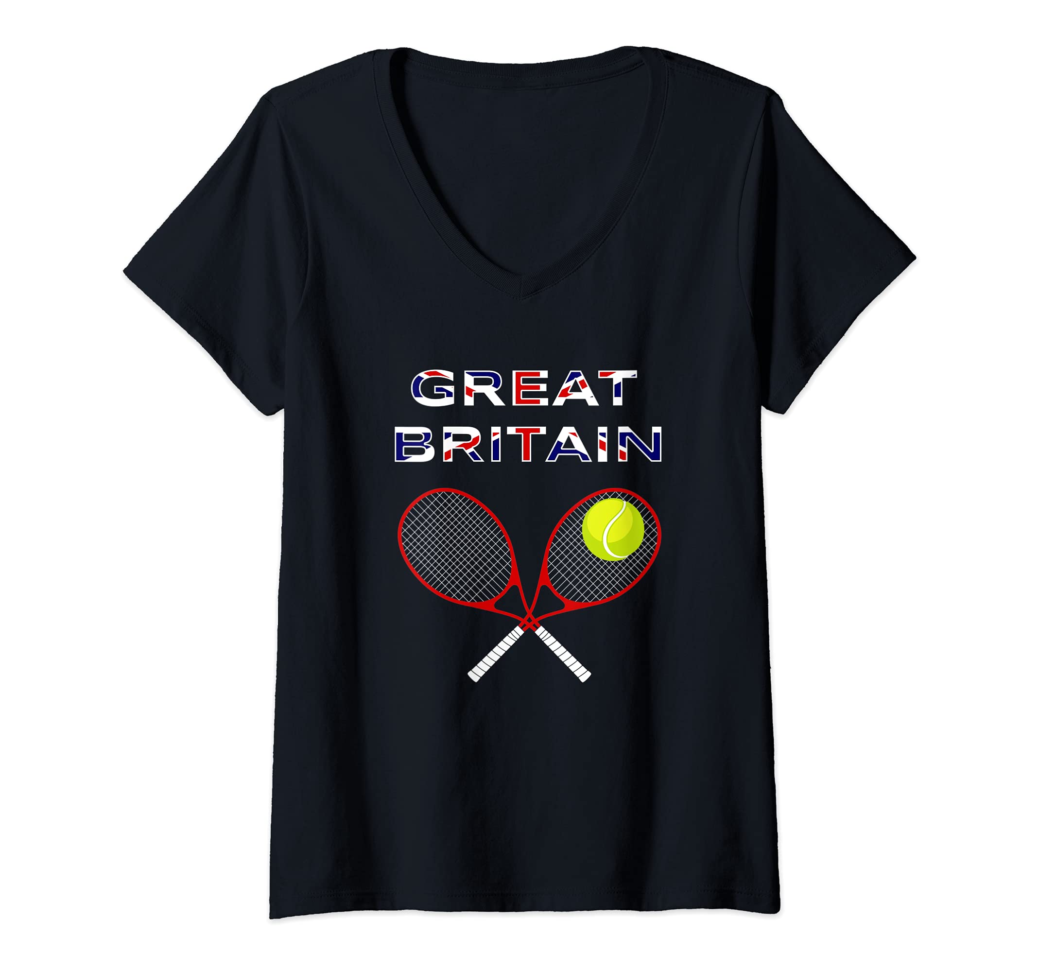 Womens UK Flag Tennis Ball, Racket / Great Britain Team Fan Support V-Neck T-Shirt