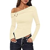 MEROKEETY Women's Long Sleeve Off Shoulder Tops 2025 Fall Ruched Fitted Going Out Asymmetrical Tee Shirts