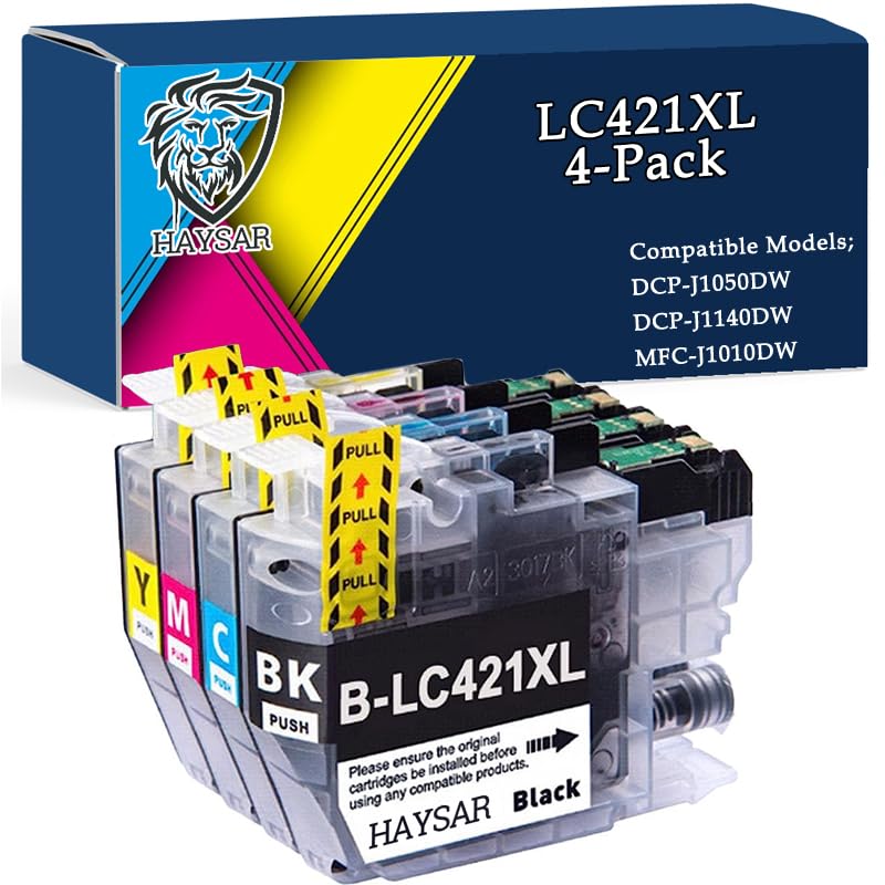 HAYSAR 4-Pack LC421XL High Yield Replacement Ink Cartridges For Brother Printers LC-421 LC-421VAL LC-421XL Multipack For Brother DCP-J1050DW DCP-J1140DW MFC-J1010DW LC421XLVAL Black & CMY