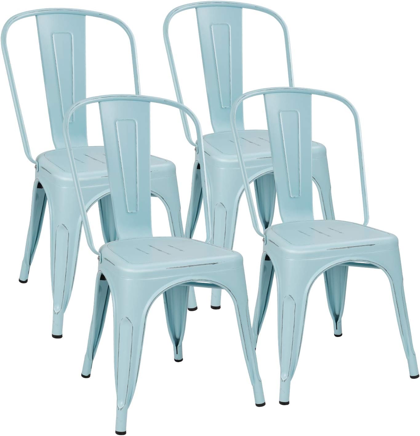 Flamaker Metal Dining Chairs Indoor-Outdoor Use Stackable Side Chairs with Back Industrial Kitchen Classic Trattoria Chair Set of 4 (Distressed Blue)