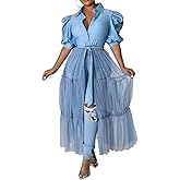 Choichic Women' Button Down Shirts High Waist Short Sleeve Sheer Mesh Patchwork Maxi Dress Long Shirts Tunics with Belt