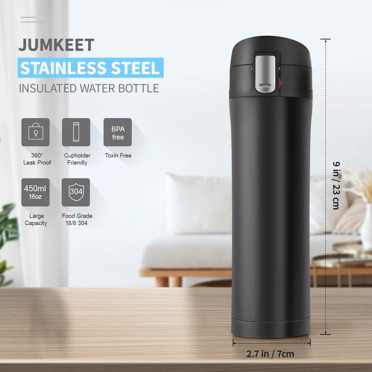 JUMKEET Double Walled Vacuum Cup Flask Thermo,Stainless Steel Insulated Water Bottle, Black, 500 ml - Image 3