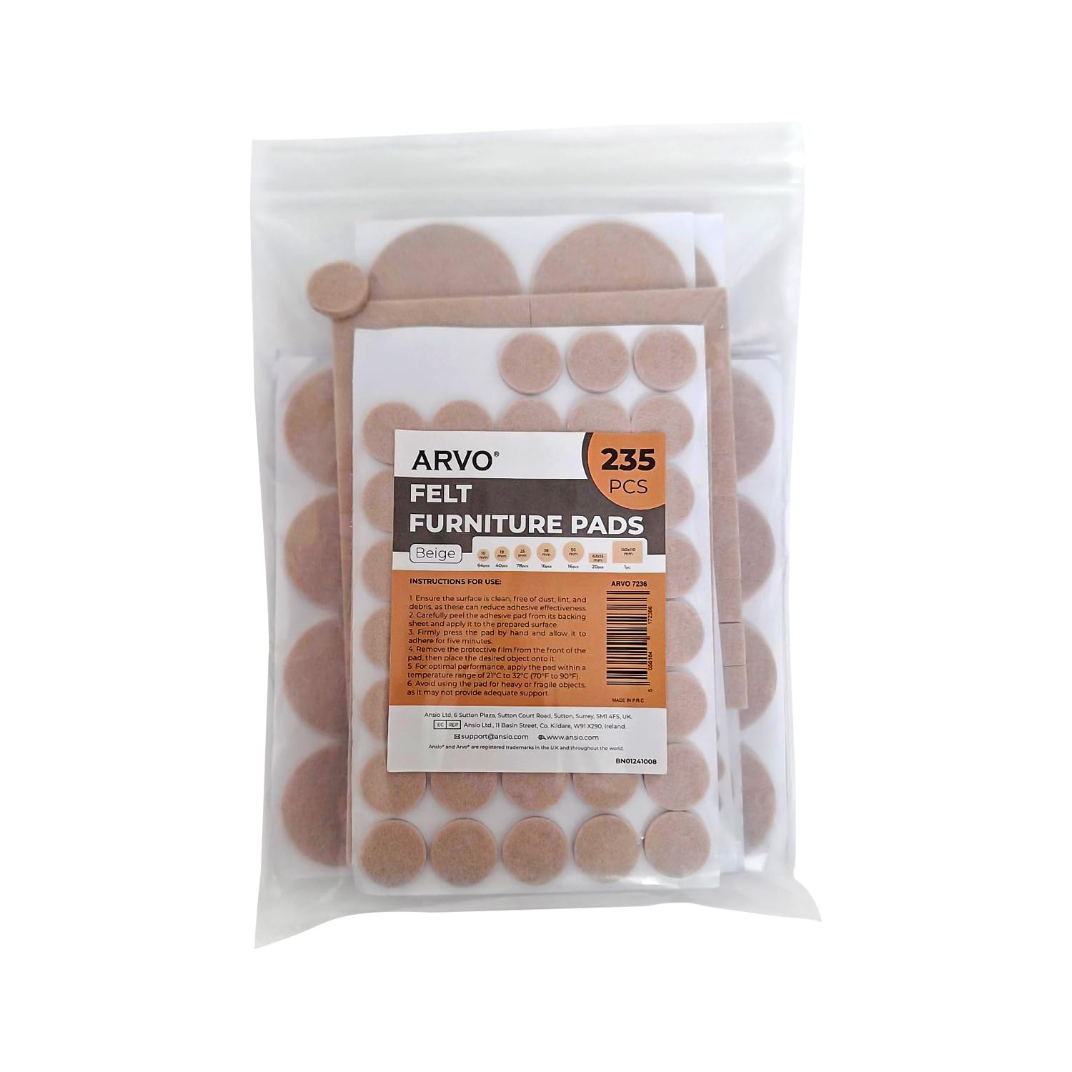 ARVO Furniture Pads Floor Protectors - 235 Pcs Felt Furniture Pads, Felt Pads for Furniture Feet, Non-Slip Anti-Scratch for Hardwood Floors, Chair Legs - Beige