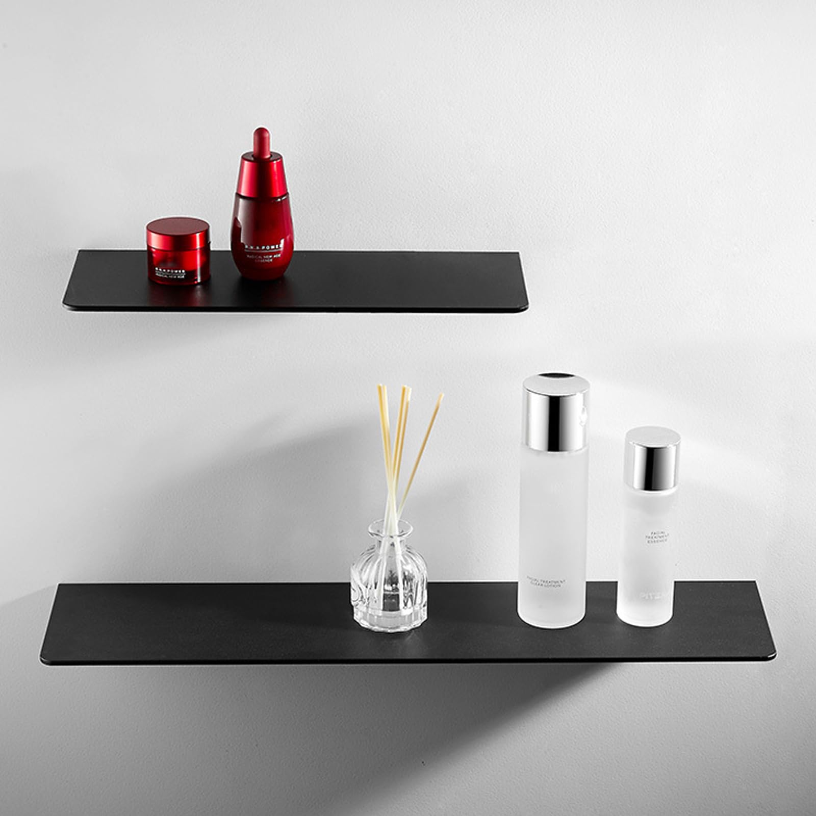 Womamny Floating Shelves Black, Thick Bathroom Shelfs No Drilling, 30cm & 60cm Bathroom Shelve Wall Mounted, Rustproof Space Aluminium Shower Shelfs for Living Room Bath Kitchen Study