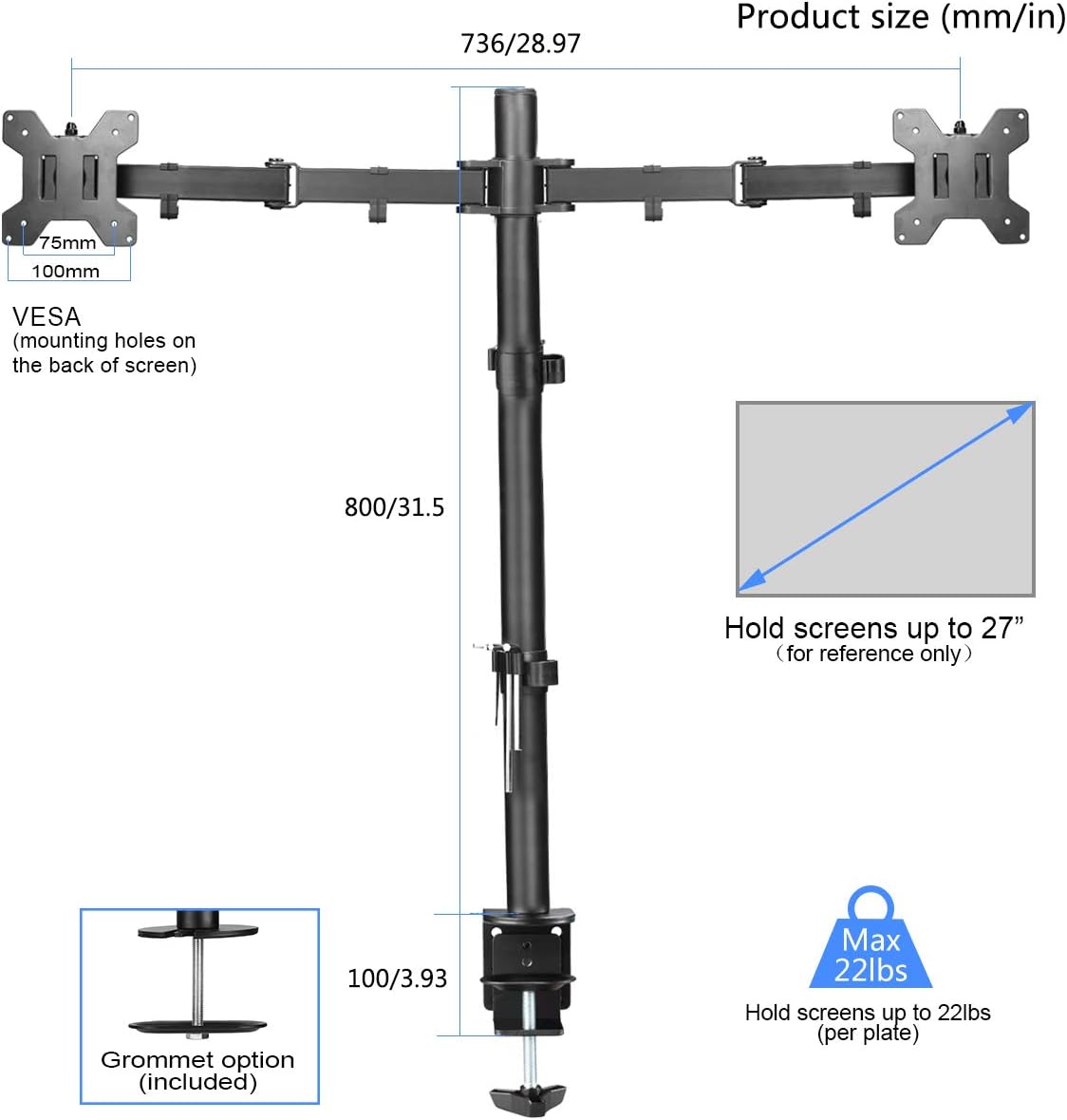 Dual Monitor Stand, Monitor Arm Dual for 13-27 inch LCD LED PC Screens Ergonomic PC Monitor & Projector Stands Dual Monitor Mount, Height Adjustable(80cm Pole) Double Monitor Stand MD6842 - Image 4