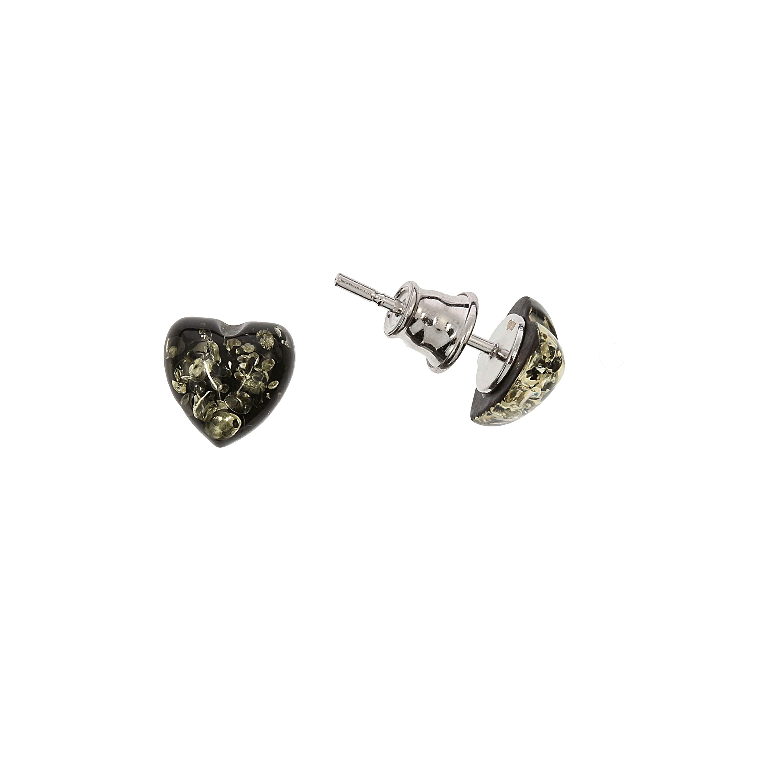 Artisana-Schmuck Amber Earrings, Green Heart-Shaped Stud Earrings, Set in 925/000 Sterling Silver Rhodium-Plated, Baltic amber and rhodium-plated 925/000 sterling silver, Amber