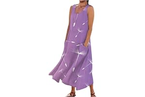 Kenvina Dresses for Women 2024 Loose Sleeveless Boho Floral Tank Dress Vacation Maxi A-Line Beach Sundress with Pocket