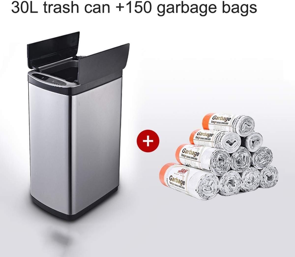 HEWEI Trash Can Automatic Touchless Sensor Trash Can with Bin Wide Open Kitchen Double Open Trash Powered by Battery Charging (Color: Silver Size: 30L)