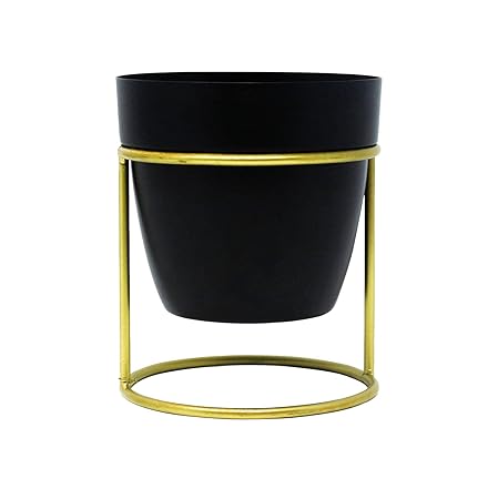 Bloomingdale Modern Plant Pot Holder Stand for Indoor & Outdoor Use. Durable Plant Pot with Metal Stand for Flower Plants, Decorative Plants & Cactus (Black-Golden), Medium